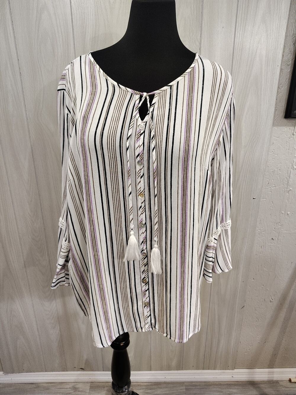 Women's Boho Striped Tassel Bell Sleeve Top Plus Size 2X Office Business Cottage